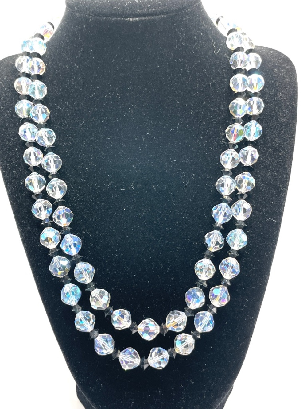Vintage Faceted Glass AB Blue Black Crystal Necklace Double Strand